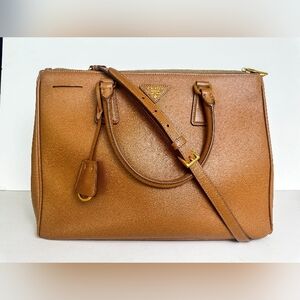 Prada Galleria Double Zip Tote Bag in Caramel Brown Saffiano Leather